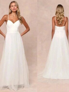 NWOT Lulus Love Perfection White Lace Tulle Pearl Beaded Maxi Dress